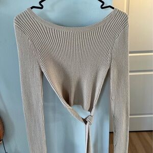 Ribbed Tie-Front Long Sleeve Top - Cream